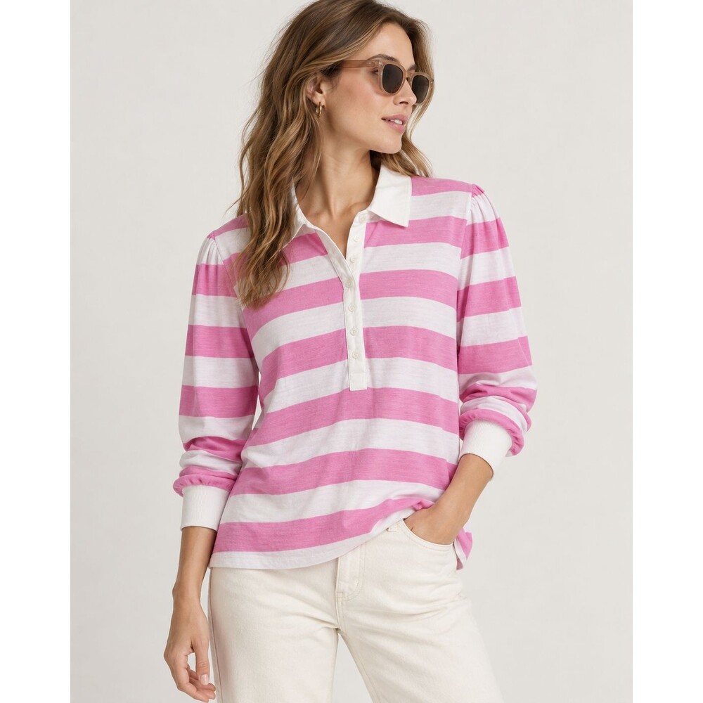 LOFT Women L Pink White Striped Rugby Polo Shirt Cotton Preppy Coastal Long Slee